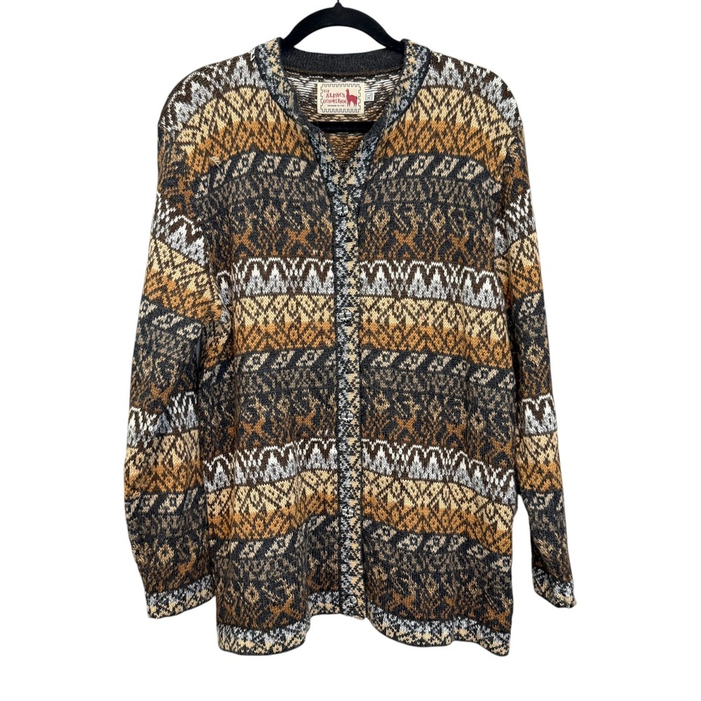 The Alpaca Connection Wool Cardigan XL Brown Aztec Fair Isle Hand Knit Peru Warm